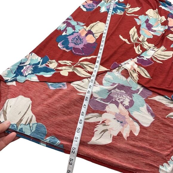 Emberley faux wrap dress high low rusty red blue lavender floral size medium - Picture 10 of 10
